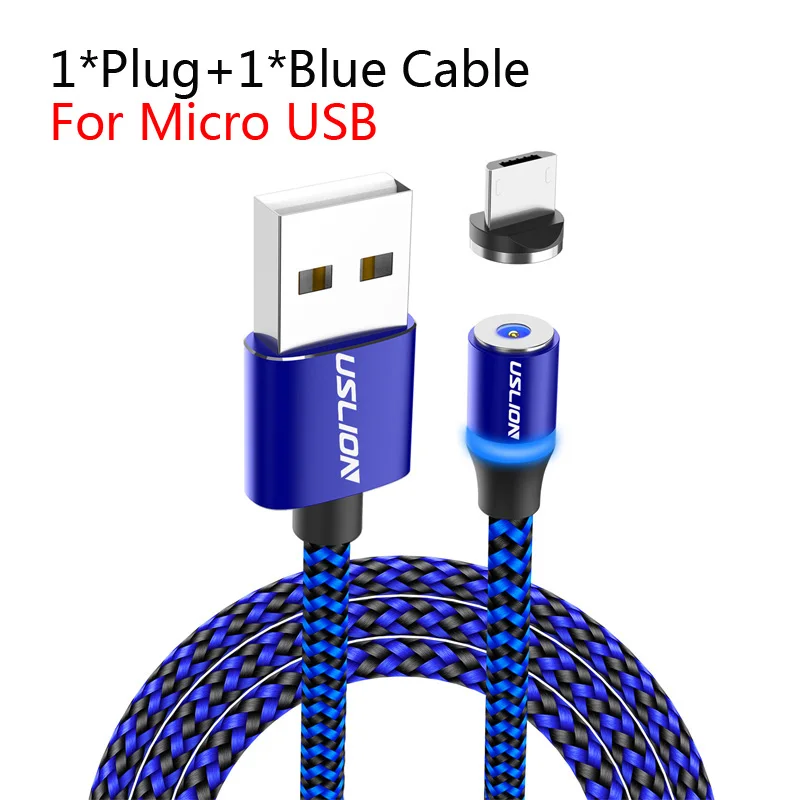 For Micro Blue USLION 1 м 2 м светодиодный магнитный кабель USB type-C и Micro USB для iPhone Xs Max 8 7 6 для samsung Xiaomi HUAWEI зарядный кабель - Цвет: For Micro Blue