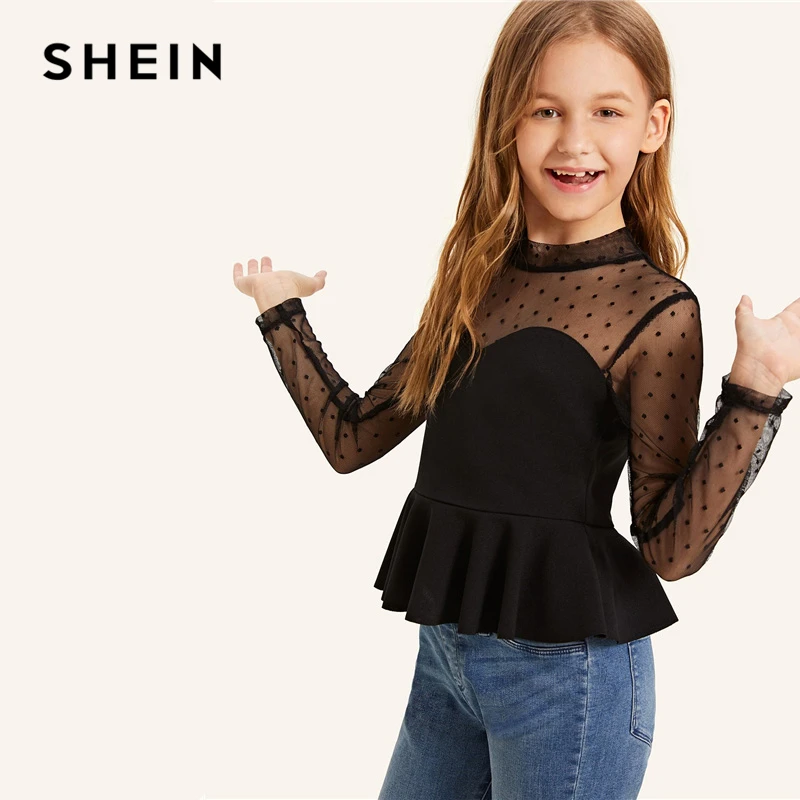 SHEIN/Детские топы в горошек с воротником-стойкой и сеткой с баской для девочек; коллекция года; летние облегающие блузки с длинными рукавами для девочек