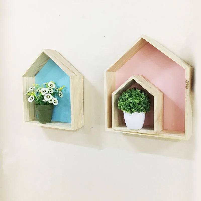 

2 Pcs Lovely Kids Room Home Decoration House Shape Wall Storage Rack Wooden Display Shelf Hanging Clapboard LXY9 MY1418