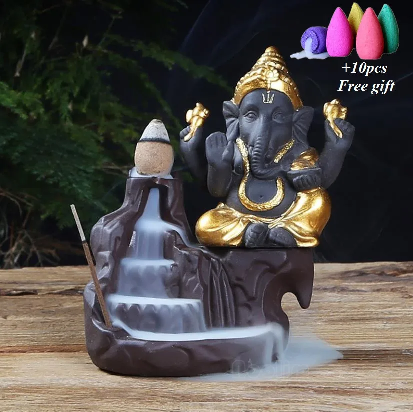 Слон Бог Ganesha курильница с обратным потоком фиолетовая глина буддийский домашний