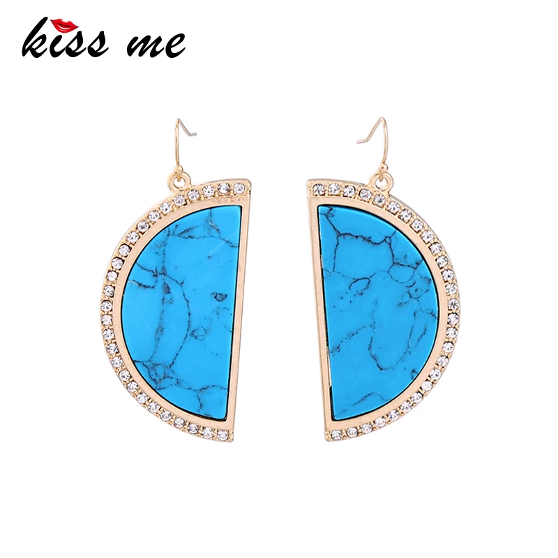 

KISS ME Blue & Brown Semicircle Rhinestone Natural Stone Earrings KPOP Big Dangle Earrings Women Jewelry