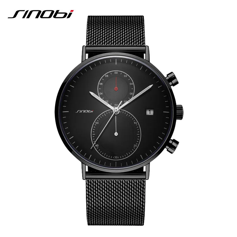 Black SINOBI Chronograph Quartz Men Watch Luxury Brand Stainless Steel Business Wrist Watches Men Clock Hour Time Relogio Masculino - Цвет: Black