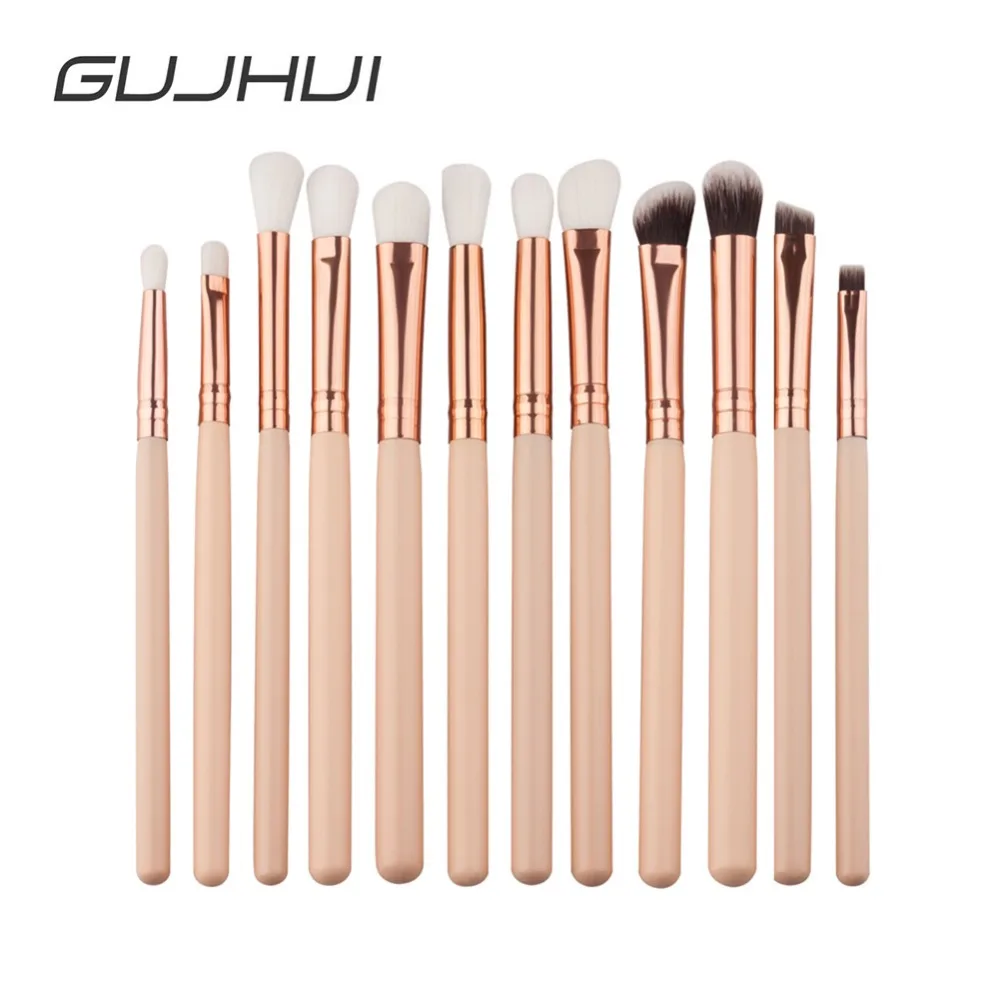 

GUJHUI 12Pcs Professional Eyes Makeup Brushes Set Wood Handle Eyeshadow Eyebrow Eyeliner Blending Powder Brush Makeup Tool