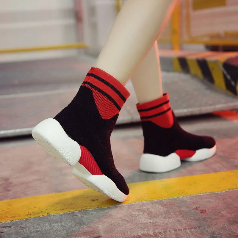 SMTZZJ Spring Autumn black Red Luxury Fashion Soft Platform Thick Bottom 2019 New Bling Boots Ladies Ankle Flat Shoes Sock Boot | Обувь