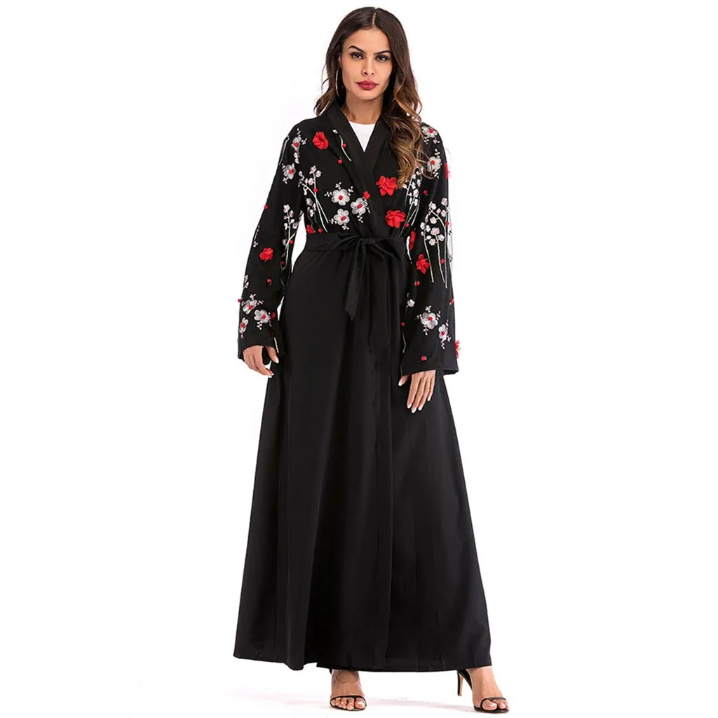 Мусульманское платье с цветочной вышивкой Abaya длинное кардиган объемным