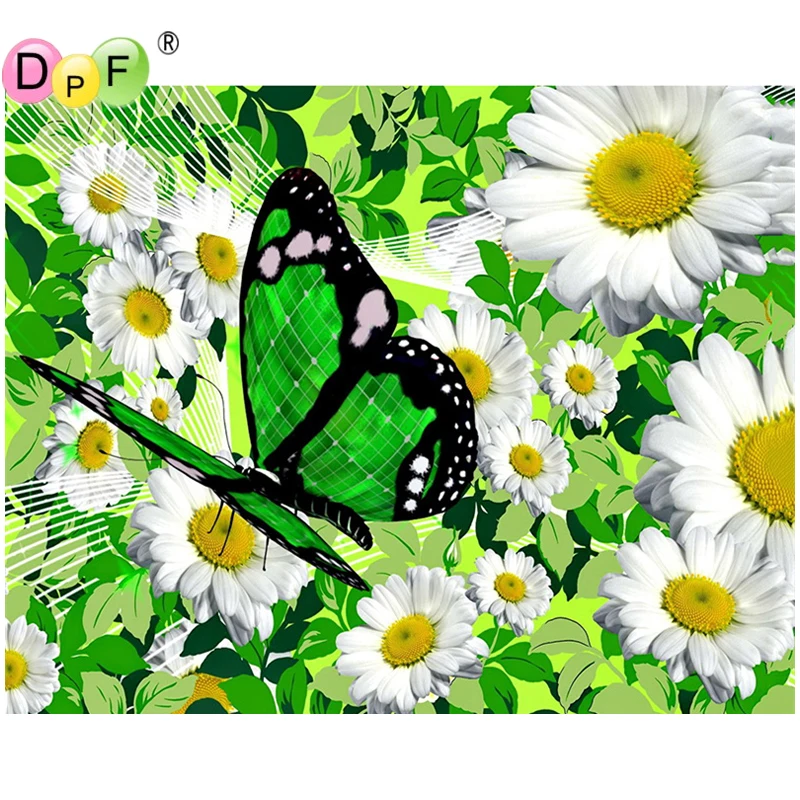 DPF полная квадратная Алмазная вышивка Зеленая бабочка и цветок алмазная живопись