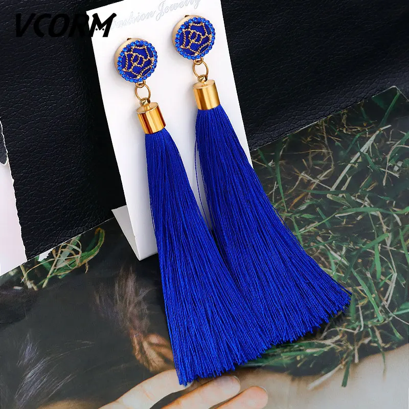 Blue 3 VCORM, богемные серьги с кисточками и кристаллами, длинные висячие серьги для женщин, красный хлопок, шелк, ткань, бахрома, серьги, Модные женские ювелирные изделия - Окраска металла: Blue 3