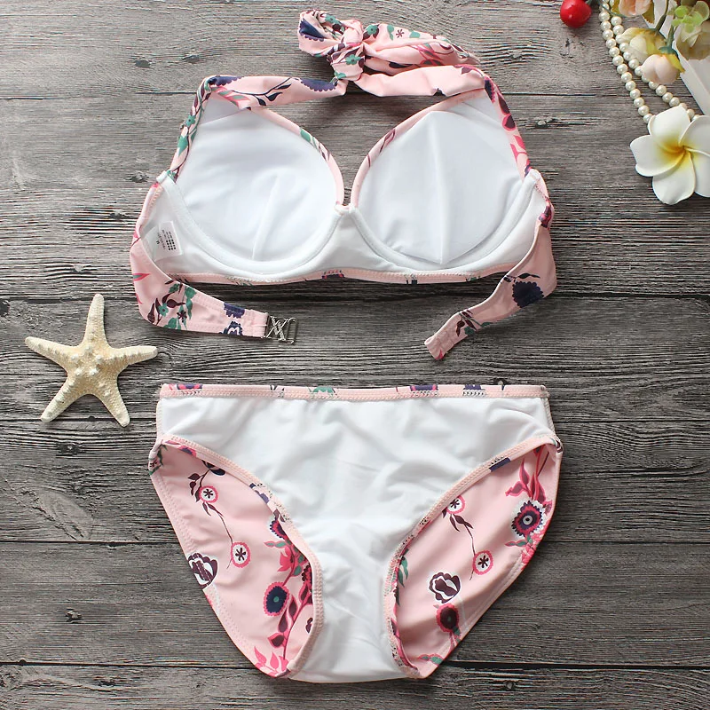 Sexy Pink Floral Bikinis Women Swimsuit 2018 Summer Beach Wear Bikini Set Push Up Swimwear Bathing Suit Dress |