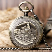 high quality retro bronze silver golden locomotive theme roman number double full hunter hand wind mechanical pocket watch