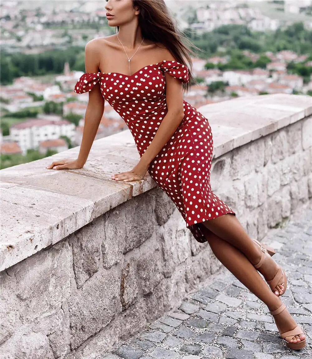 Женское повседневное платье в горошек Boho летнее облегающее вечернее пляжное с