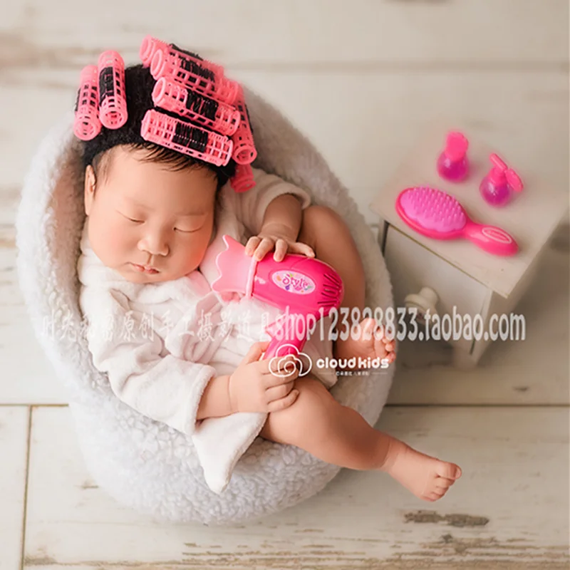 newborn photography prop Perm rods cap+electric hair drier+comb+mirror+lipstick+slipper set limited edition photography prop