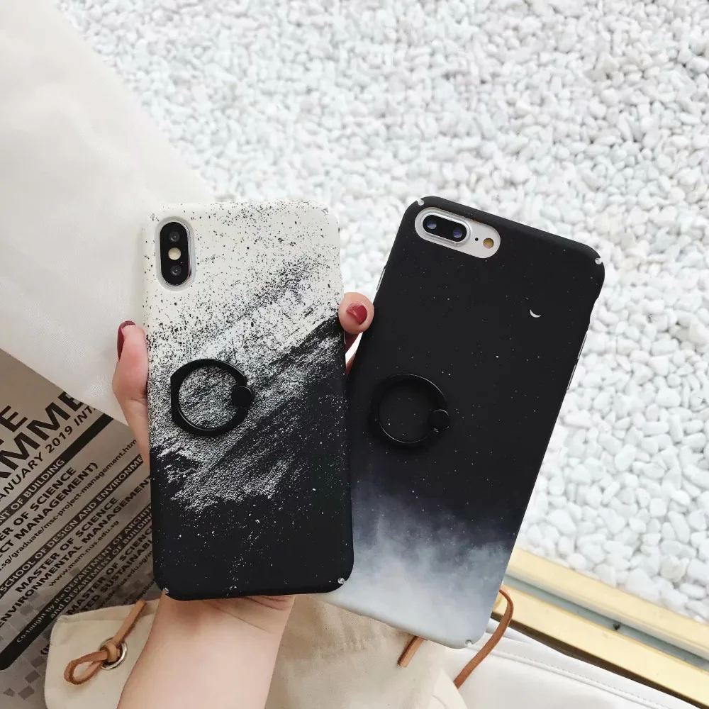 For IphoneXR//78P New Fashion Vintage Artistic illustration black Sky Moon Universe Ring Bracket Kickstand PC Holder Phone Case |