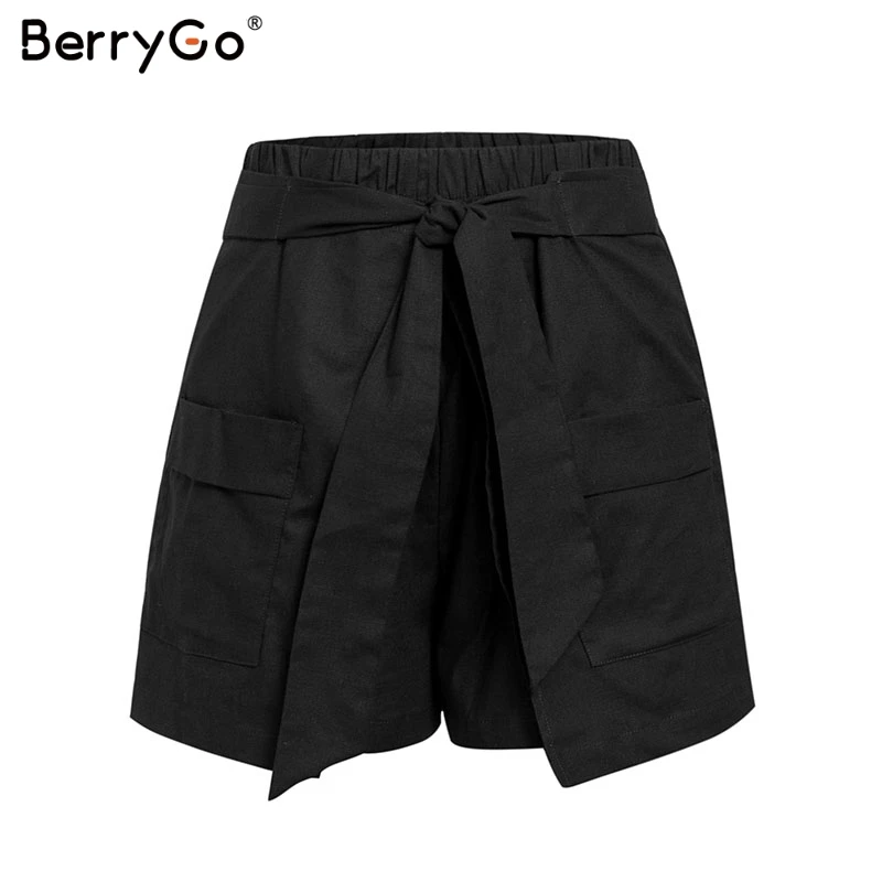 BerryGo эластичные льняные шорты с высокой талией для женщин хлопковые бантом и