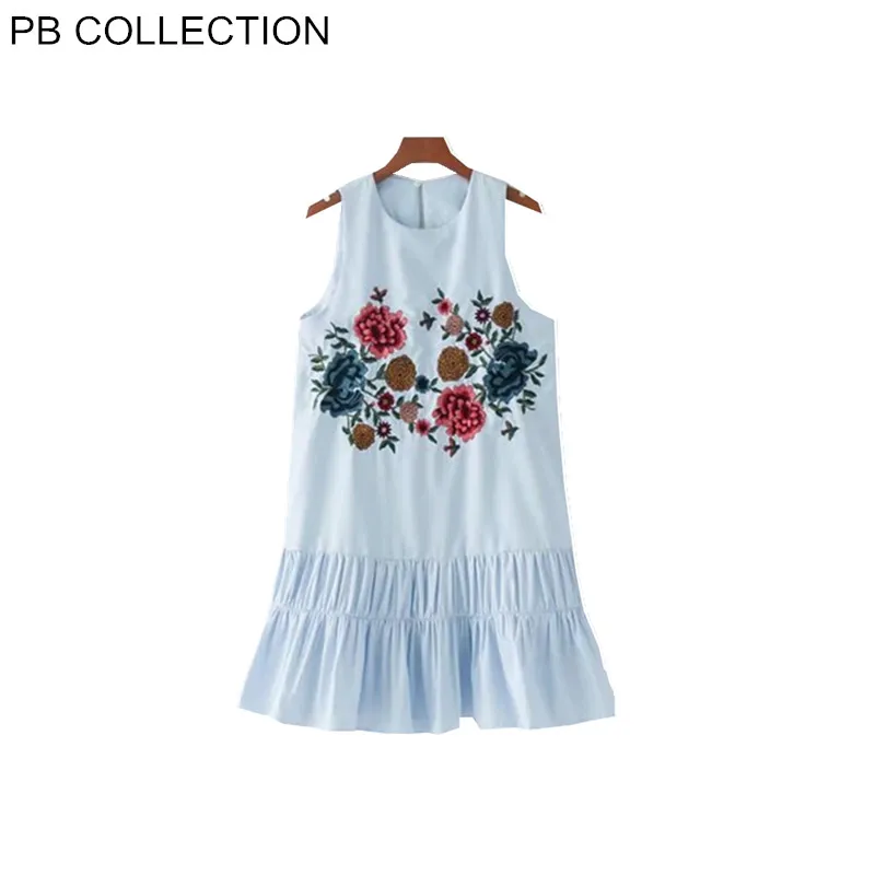 Для женщин летнее платье Вышивка без рукавов и подола оборками Свободные