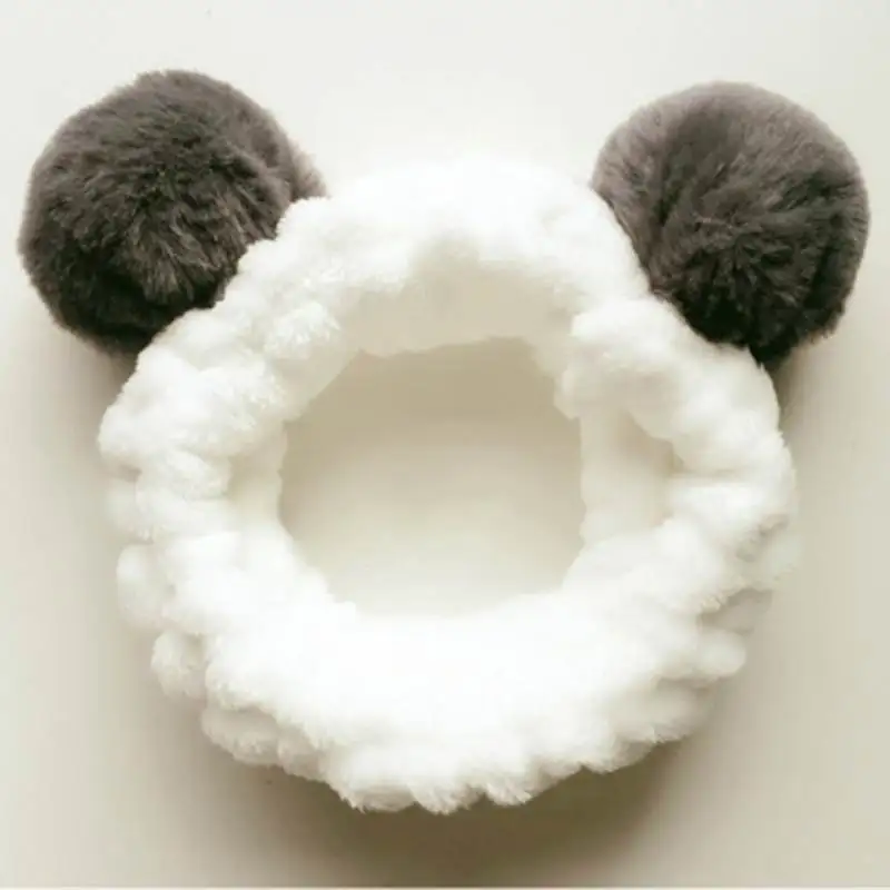 gray ball Повязка на голову из кораллового флиса с милыми ушами панды для женщин, повязка на голову для душа для макияжа, эластичные резинки для волос для девочек, для мытья лица, спа тюрбан - Цвет: gray ball