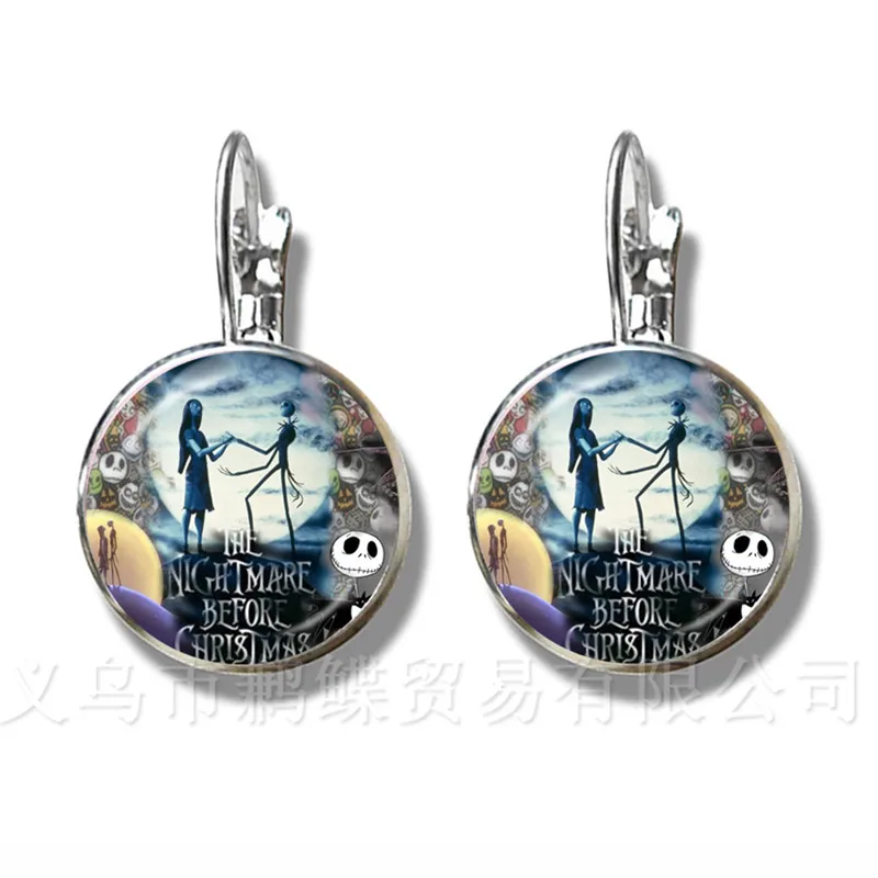 

16mm Glass Cabochon Handmade Jack And Sally Pattern Stud Earrings For Women Girls Party Favor Jewelry Halloween Gifts