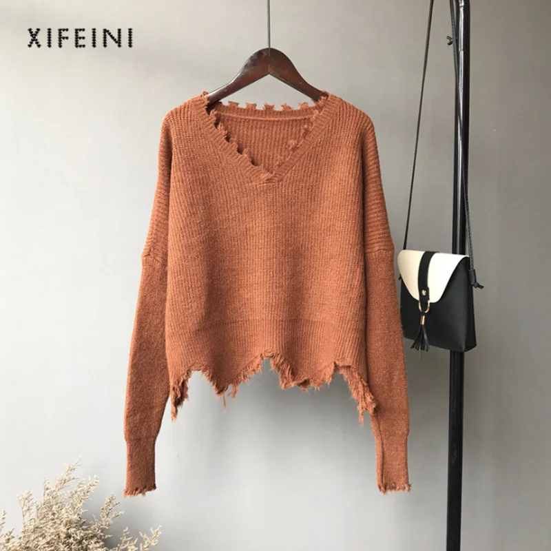 XIFEINI Для женщин свитер кисточкой нищий нерегулярные леди новый 2018 V-образным