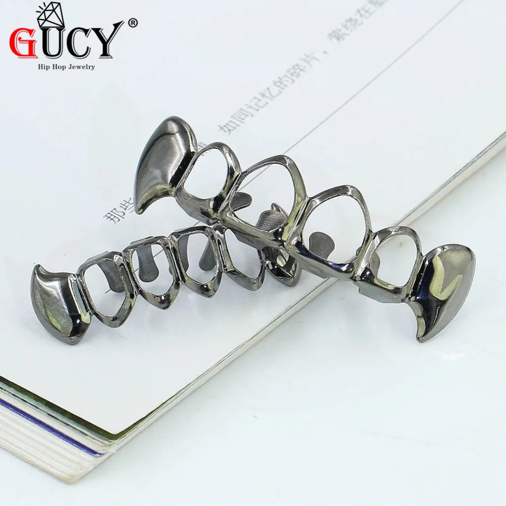 GUCY Custom Fit из чистого золота с покрытием Зубы вампира Четыре Полые Открытый лицо золотые рот GRILLZ шапки Топ и низ хип-хоп гриль набор