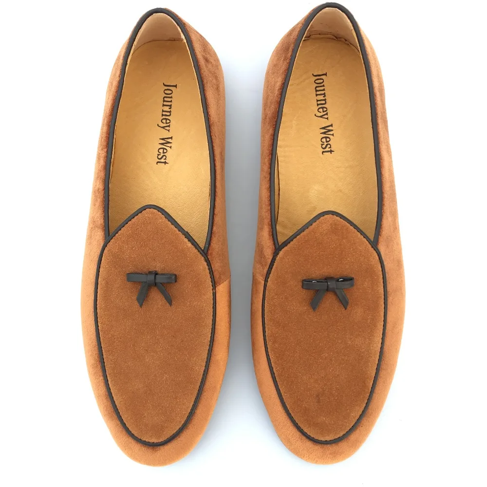 New Fashion Men Leather and Velvet Handmade Loafers Belgian Dress Shoes Brown Slippers Flats With Bowtie Men's US 7-13 | Обувь