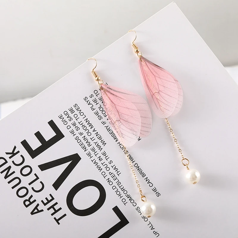 Elegant Korean Pink Butterfly Wings Drop Earrings Imitation Pearl Long Tassel For Women Jewelry Statement | Украшения и