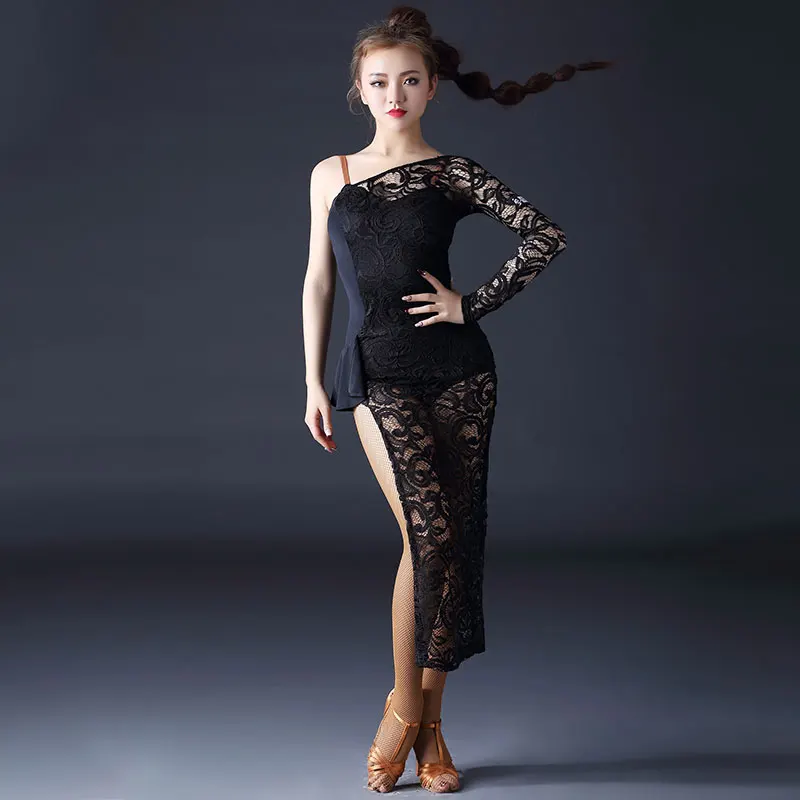 Черный Платье для латинских танцев, юбка с разрезом, Vestidos De Baile, латино, сальса, одно плечо, дизайн, танцевальная одежда для женщин, сальса, танго, юбки Q3149 - Цвет: Черный
