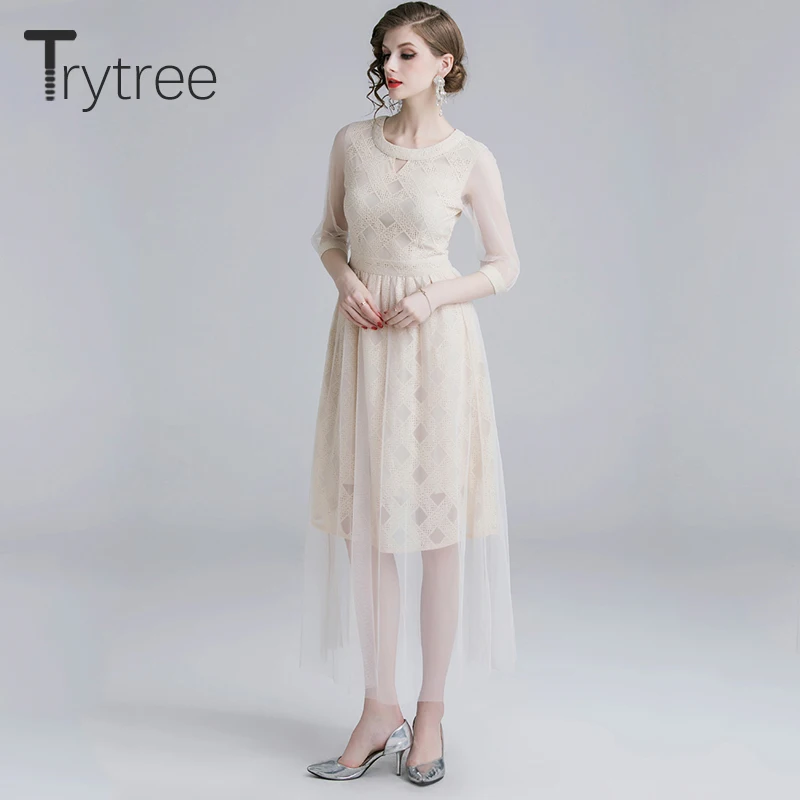 Trytree летнее осеннее платье с вырезом круглым в сетку геометрическим рисунком