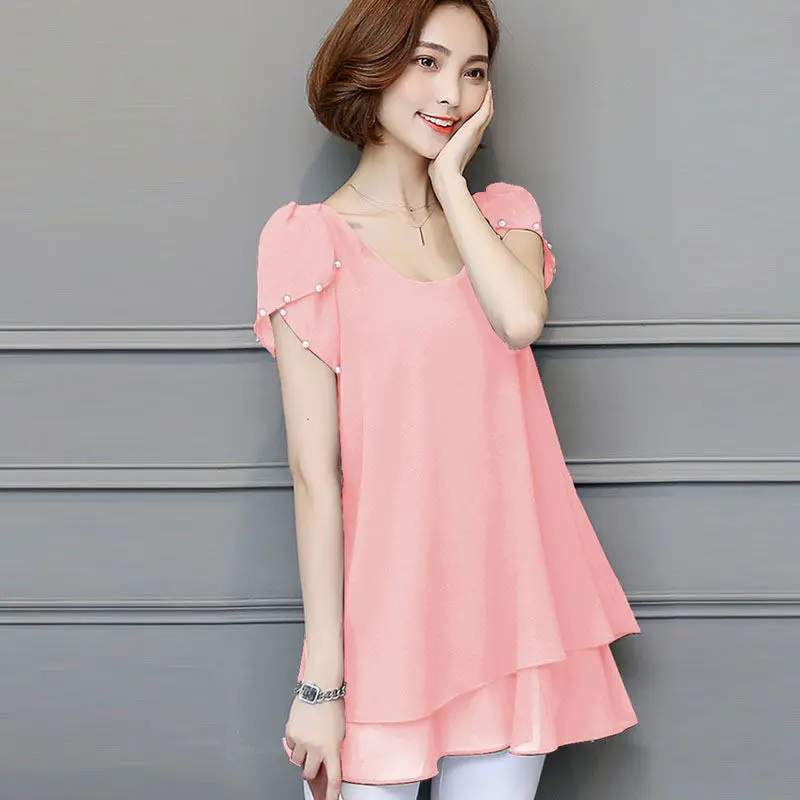 Летняя шифоновая блузка Женские топы с коротким рукавом плюс размер 5XL