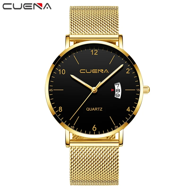 Gold Black Мужские часы от ведущего бренда, Роскошные Кварцевые часы, мужские повседневные тонкие сетчатые стальные водонепроницаемые спортивные часы erkek saat Relogio Masculino - Цвет: Gold Black