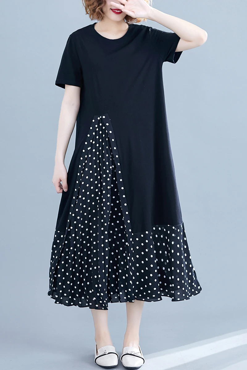 

A-Line patchwork long maxi dress plus size polka dot casual women dress large size loose t-shirt dress big size summer dress