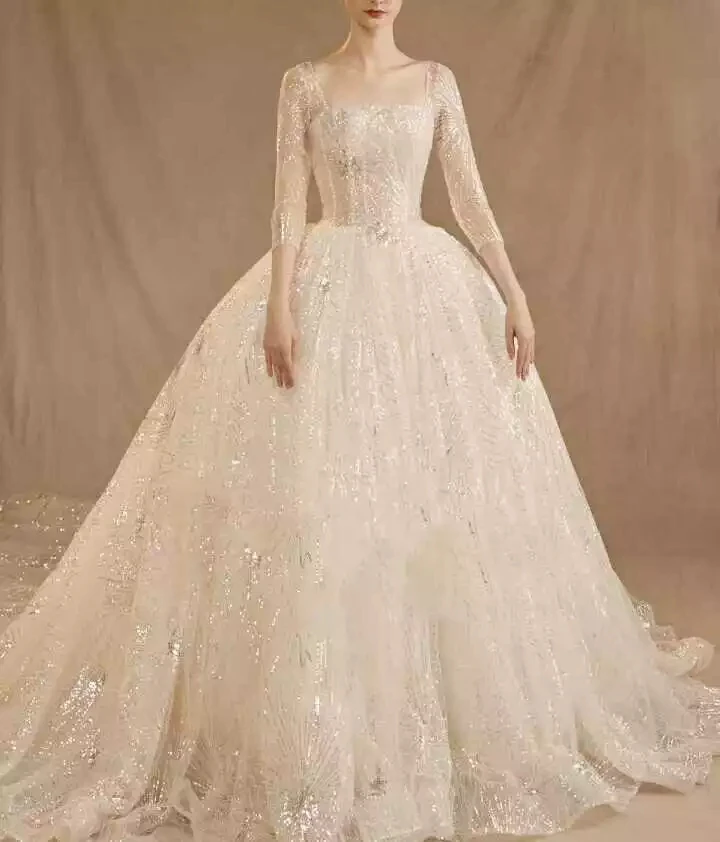 

Sparkle Ivory A Line 3/4 Sleeve Strapless Netting Sequined Lace Floor length Bridal Gown Wedding Dresses