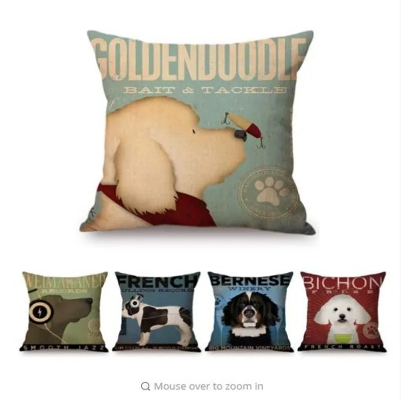 

Vintage Dog Poster Art Home Decorative Sofa Throw Pillow Case Vizsla Labrador Goldendoodle Golden Retriever Linen Cushion Cover