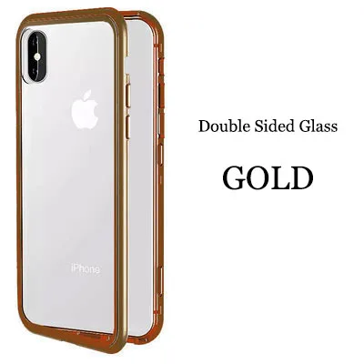 Gold Doubleside glas Металлический магнитный чехол для телефона для iphone XR XS MAX X+ закаленное стекло 360 ° полный защитный чехол для iphone 8 7 6 6s Plus оболочка - Цвет: Gold Doubleside glas