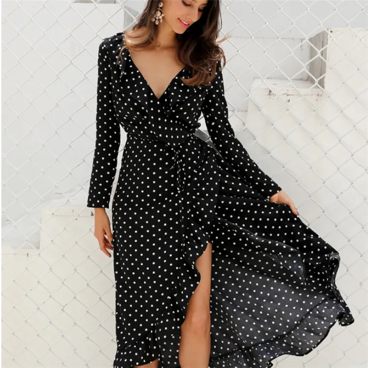 2018 Новое сексуальное платье с v образным вырезом и длинным рукавом асимметричное