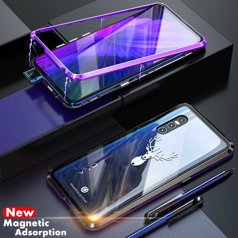 ADKO Luxury Adsorption Magnet Cases for Vivo X27 Metal Case Cover Clear Tempered Glass &amp Aluminum Bumper For Pro |