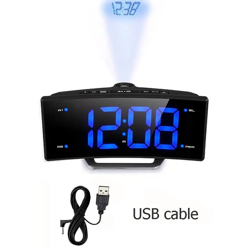 Черный Настольный проекционный будильник Nixie с зеркальной проекцией времени, FM радио, будильник, светодиодный, цифровой, электронный, настольный проектор, часы - Цвет: Черный