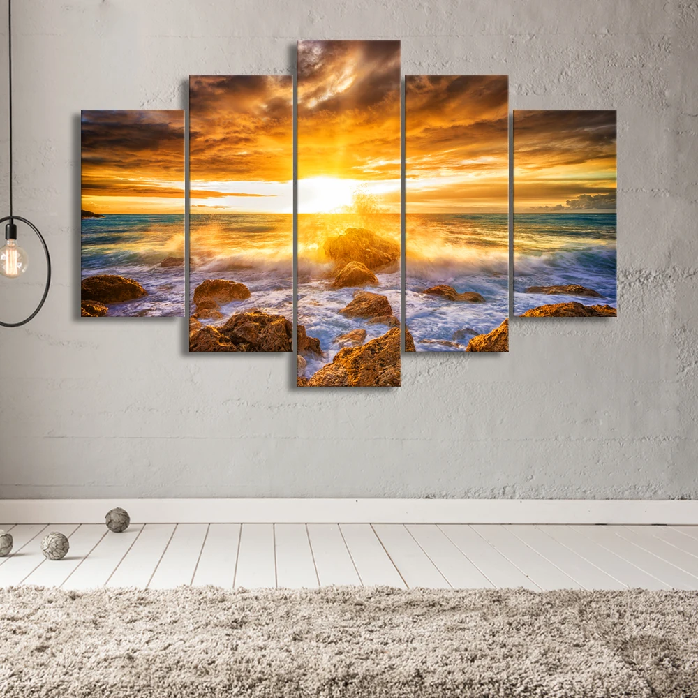 5 Pieces Modern Wall Art Canvas Unframed Modular Sunrise Panel Print Painting Decorative Sunset Seascape Picture Home Decor | Дом и сад