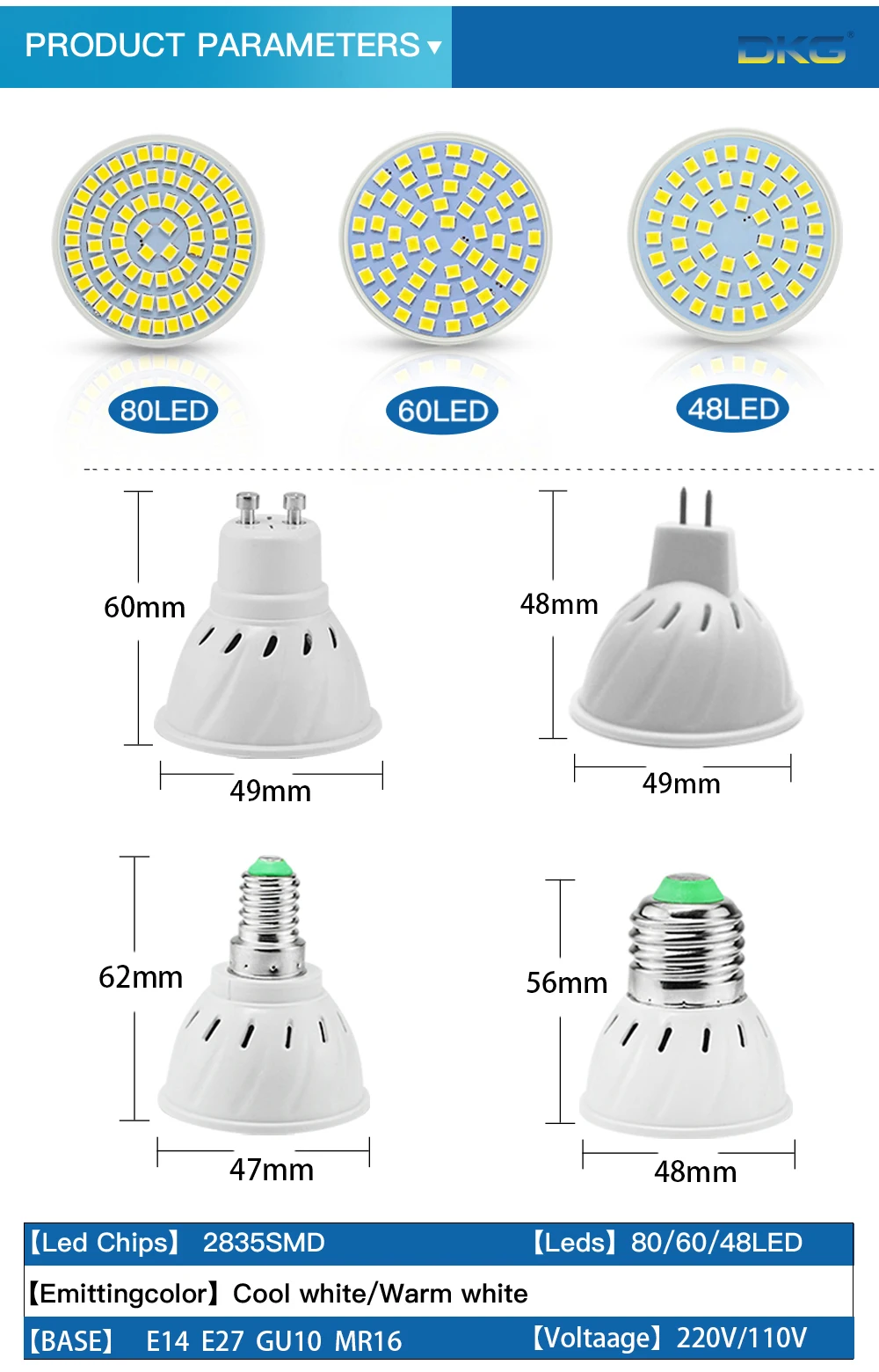 Светодиодная лампа GU10 E27 светодиодная лампа E14 110 V 220 V 2835 SMD 48 60 80 светодиодов Точечный светильник Bombillas для люстры освещения
