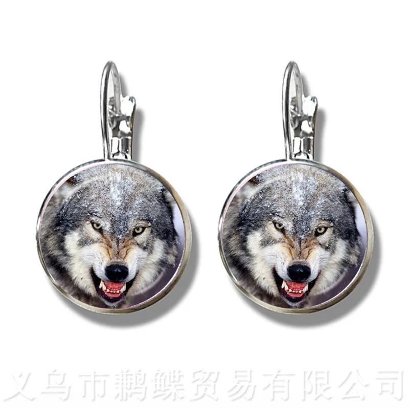 Винтажные посеребренные стеклянные купольные серьги узор с головой волка
