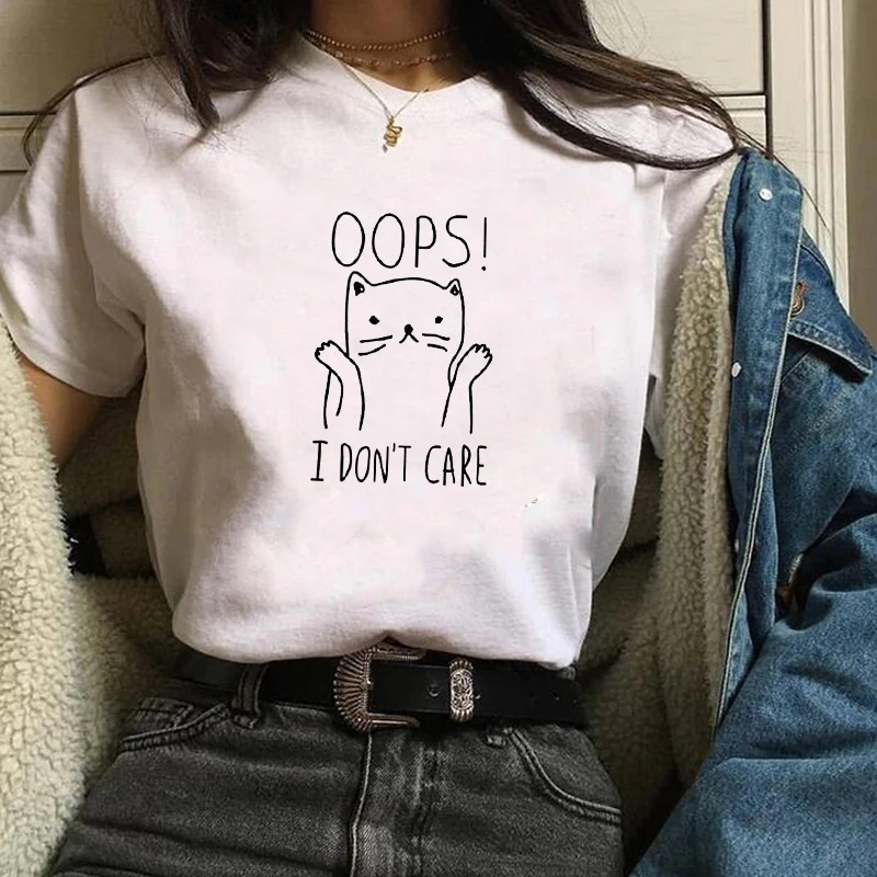 Женская футболка с рисунком из мультфильма Don't Care модная принтом кота женская