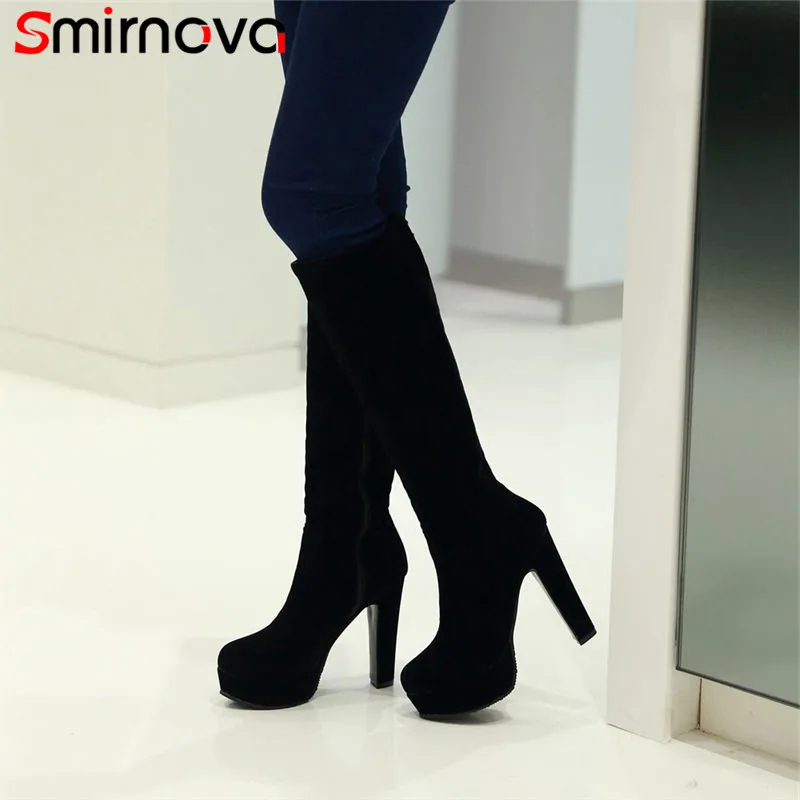 Smirnova/ горячая распродажа; женские зимние сапоги; однотонные повседневные сапоги до колена на очень высоком каблуке и платформе; модные сапоги с круглым носком