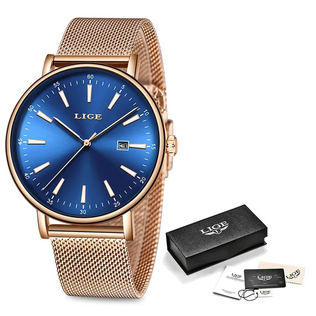 Rose gold blue LIGE мужские s часы лучший бренд класса люкс кварцевые наручные часы мужские деловые все стальные водонепроницаемые часы мужские спортивные часы Relogio Masculino - Цвет: Rose gold blue