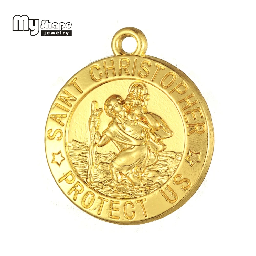 

My shape St Saint Christopher Protect Us Medal Necklace Pendant Catholic Protection Religious Gold Color Charm Wholesale 20pcs