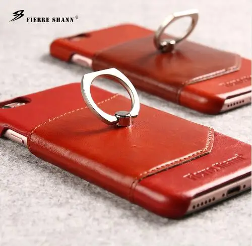 Fierre Shann QS Luxury Genuine Leather Cover Metal Finger Ring Back Coque for iPhone 6 6S 7 Plus Case Capa | Мобильные телефоны и
