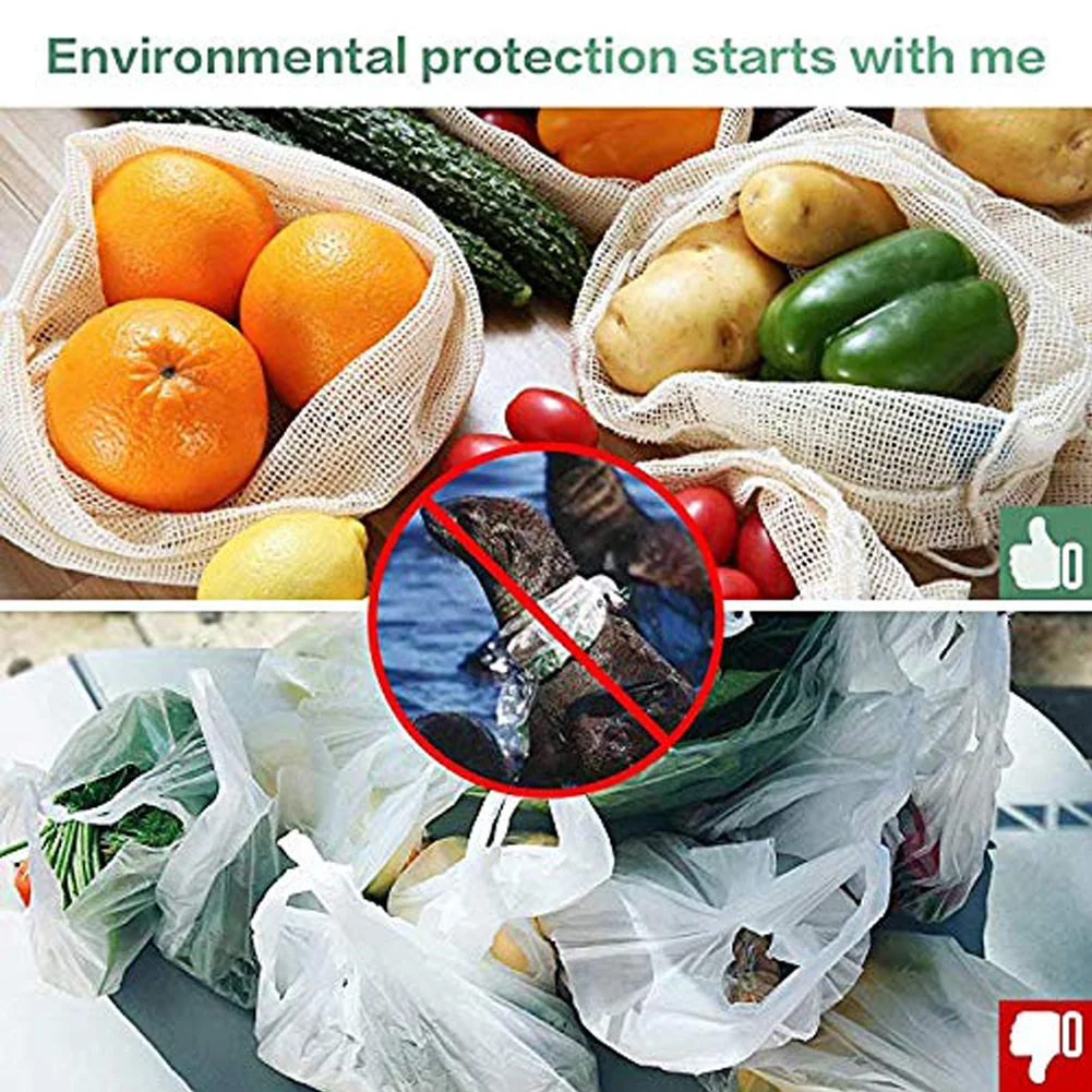 

5pcs/set Reusable Organic Cotton Vegetable Bags Eco Friendly Mesh Produce Bags Muslin Grocery Sundries Shopping Bag Food Storage