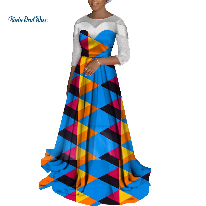 2021 African Dresses for Women Bazin Riche Lace Ankara Print Patchwork Long Dresses Dashiki African Design Clothing WY3456
