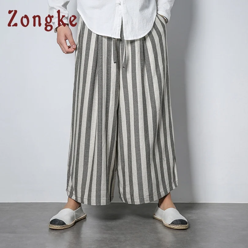 Zongke, китайский стиль, серые полосатые широкие брюки, мужские штаны для бега, уличная одежда, льняные брюки, мужские брюки XXL, Мужские штаны для бега, новинка