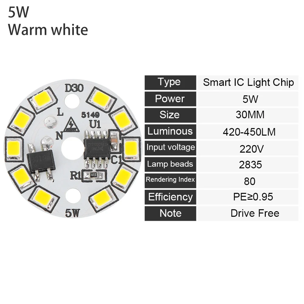 5W DIY светодиодный светильник AC220V, умный IC светодиодный светильник для лампы SMD 15 Вт 12 Вт 9 Вт 7 Вт 5 Вт 3 Вт, теплый белый - Испускаемый цвет: 5W