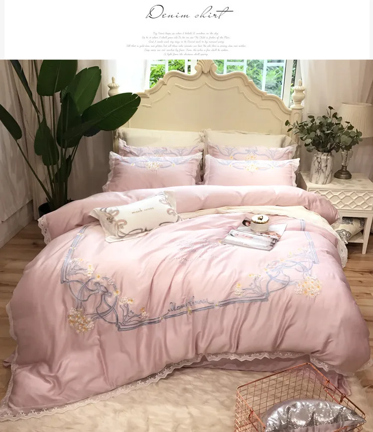Modern Egyptian cotton Embroidery Bedding sets Queen King Tribute Silk Duvet cover Bed sheet set Pillowcases 4/6pcs pink blue | Дом и сад