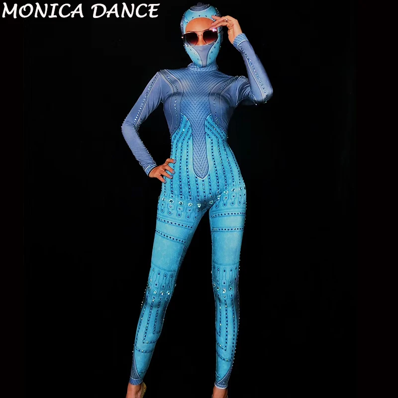 Women Sexy Sparkly Blue Crystals Stretch Jumpsuit Dance Party Show Bodysuit One Piece Rhinestones Outfit Nightclub DJ Jumpsuit