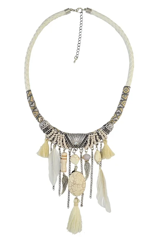 Bohemian Ethnic Thread Long Tassel Bib Necklaces African String Feather Wing Maxi Necklace Statement For Women Jelwery - Окраска металла: N-6467-WH